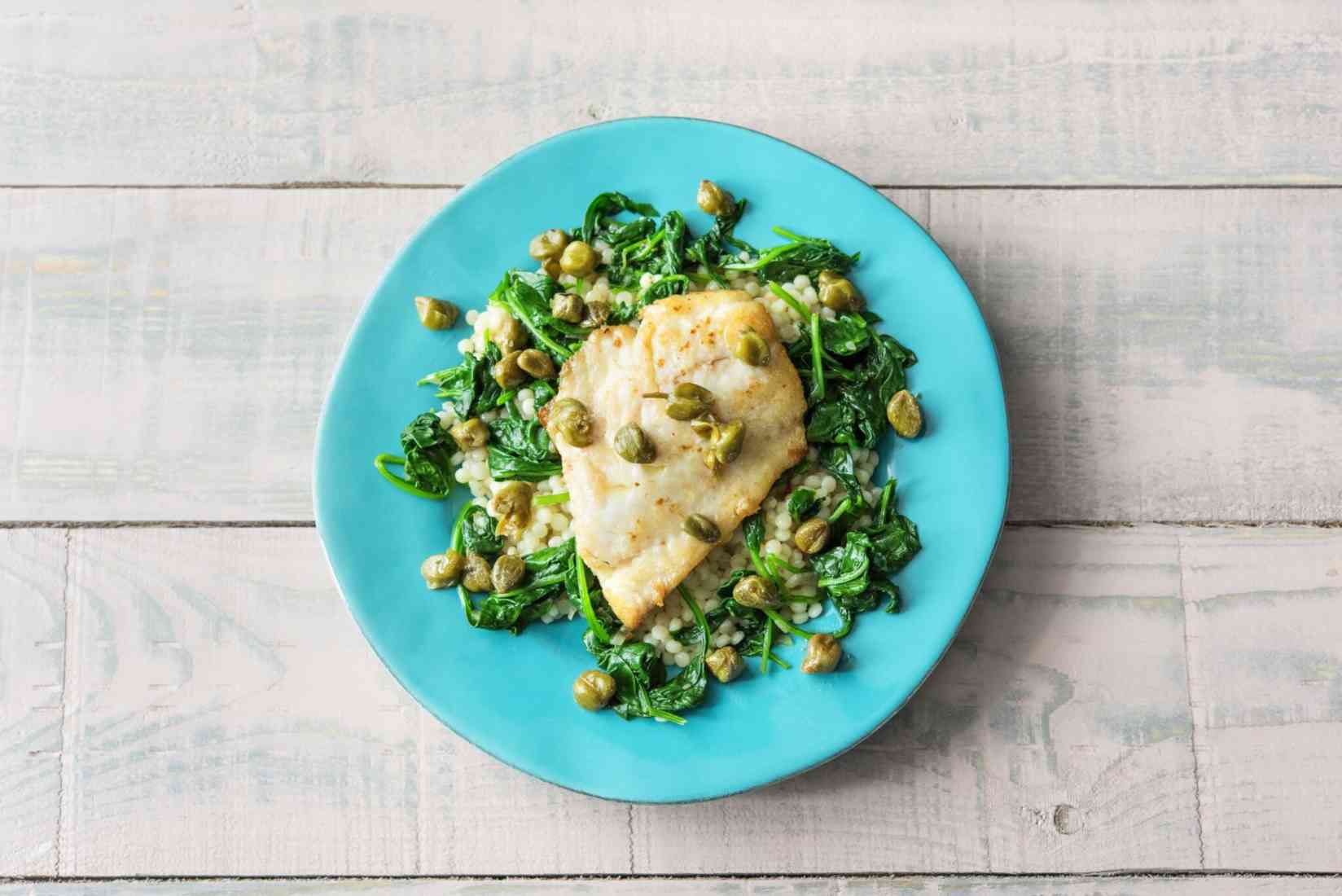 RockfishPiccatawithSauteedSpinachIsraeliCouscousandLemonCaper