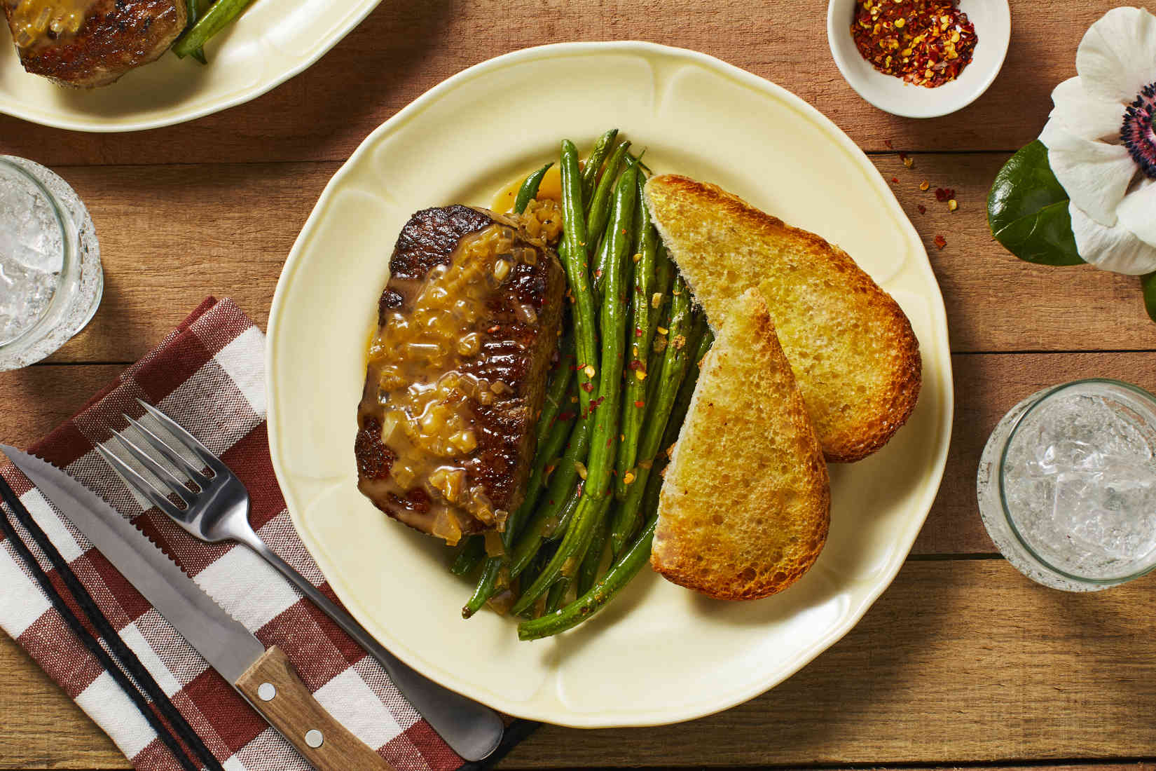 Steak-with-Shallot-Pan-Sauce-with-Garlic-Bread-and-Spicy-Sauteed-Green ...