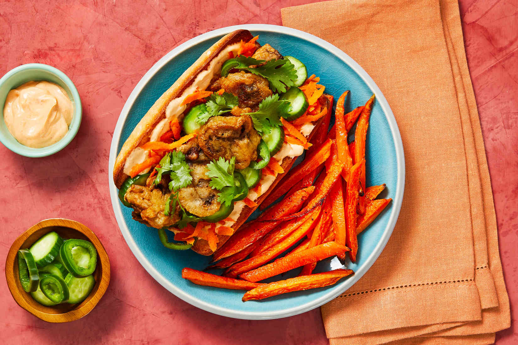 Mushroom-Tempura-Banh-Mi-with-Pickled-Veggies-Carrot-Fries-and-Sriracha ...