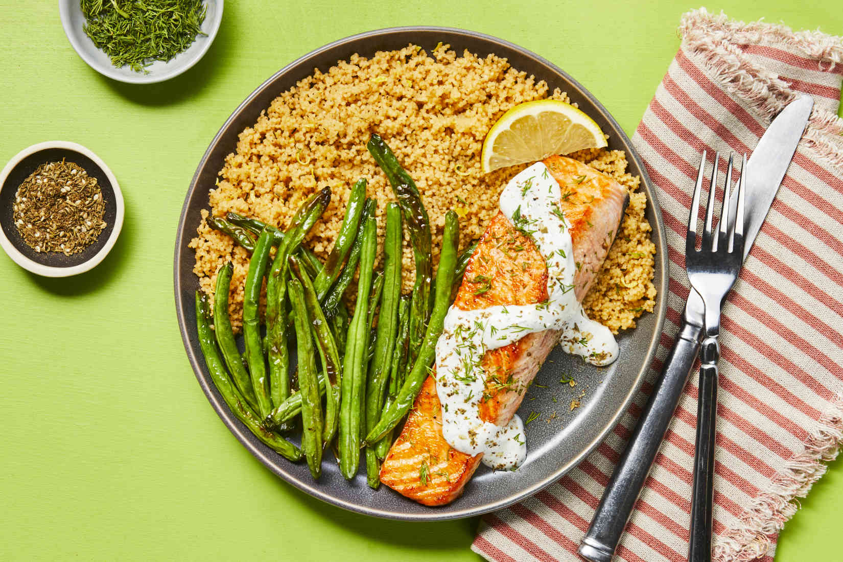 MediterraneanSalmonwithCreamyDillSauceGreenBeansZaatarCouscous