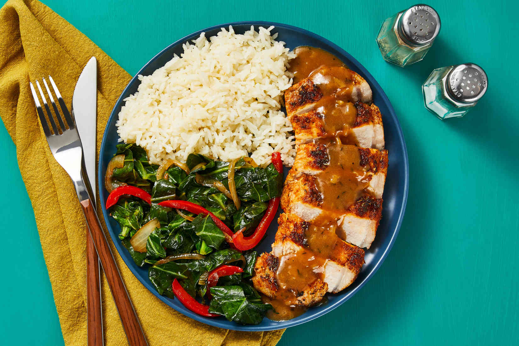 SundayDinnerPorkChopsGravywithBraisedBellPepperCollardGreens