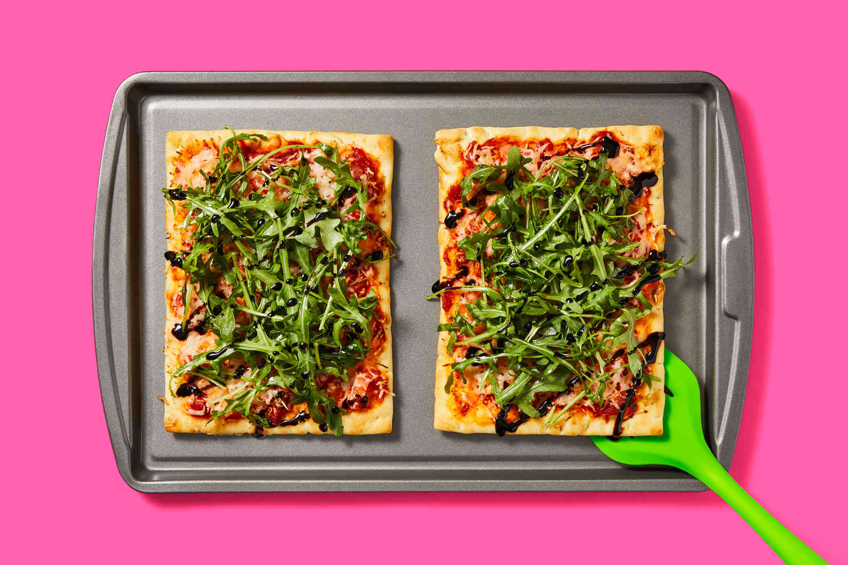 SheetPanBalsamicTomatoFlatbreadswithRedPepperSpreadArugula