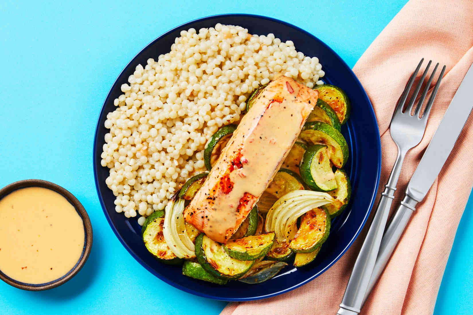 TuscanSpicedSalmonGarlickyCouscouswithRoastedZucchiniSpicyRed