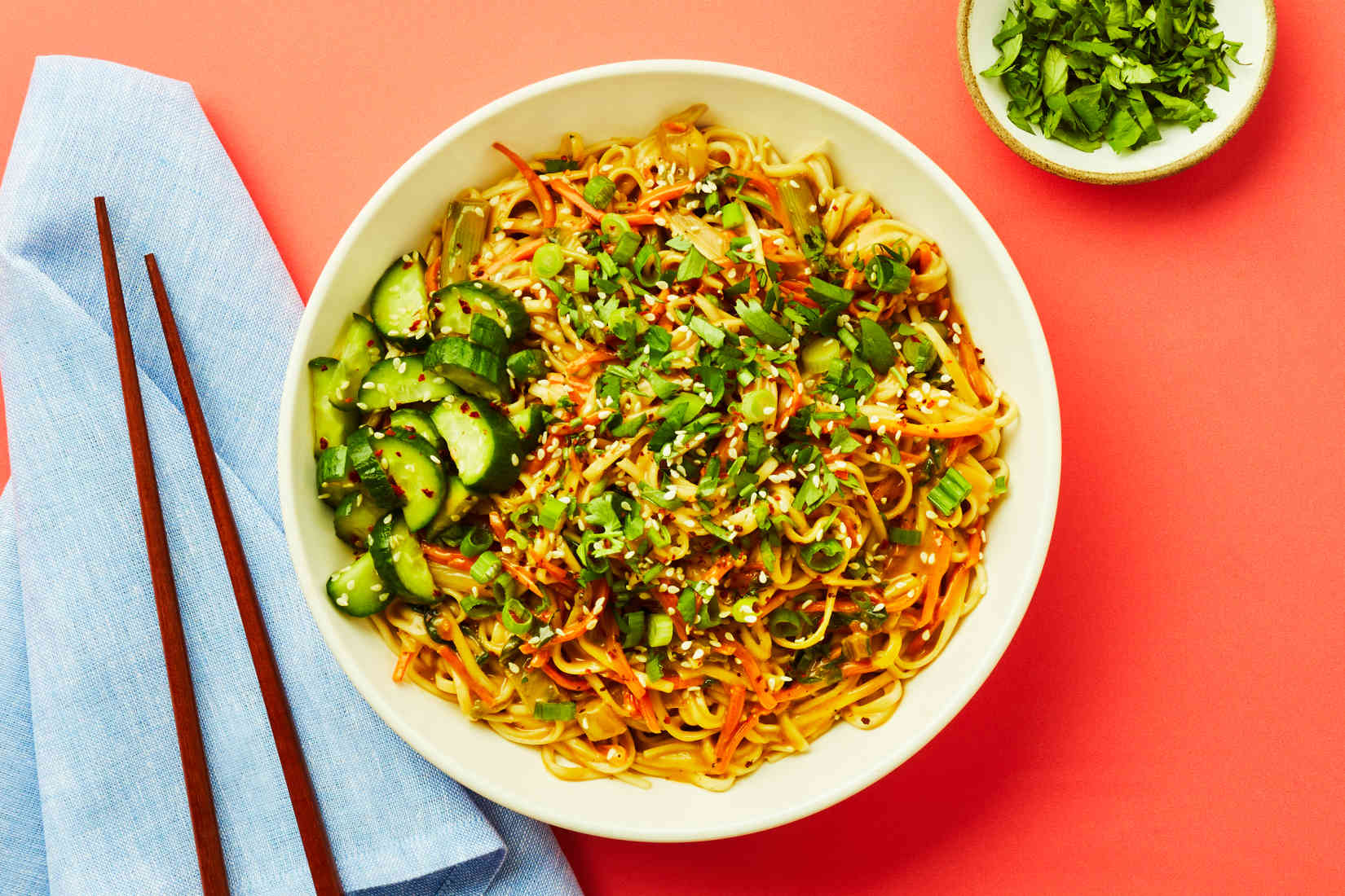 Vegan Peanut Sesame Noodle Stir Fry With Cabbage Pickled Cucumber Scallions Cilantro Feel