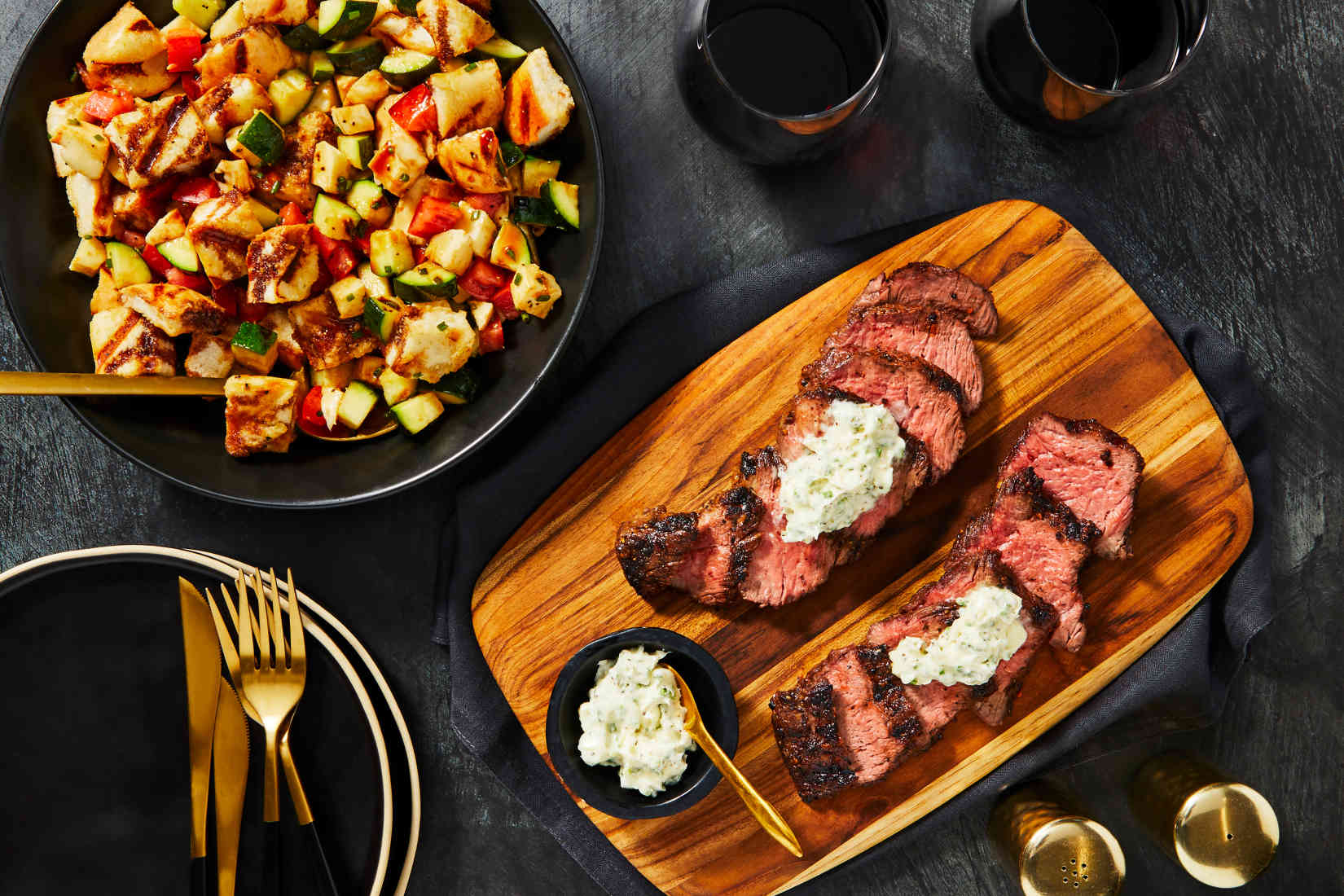 Backyard-Grill-Bourbon-Steak-plus-Chive-Butter-Tomato-Panzanella ...