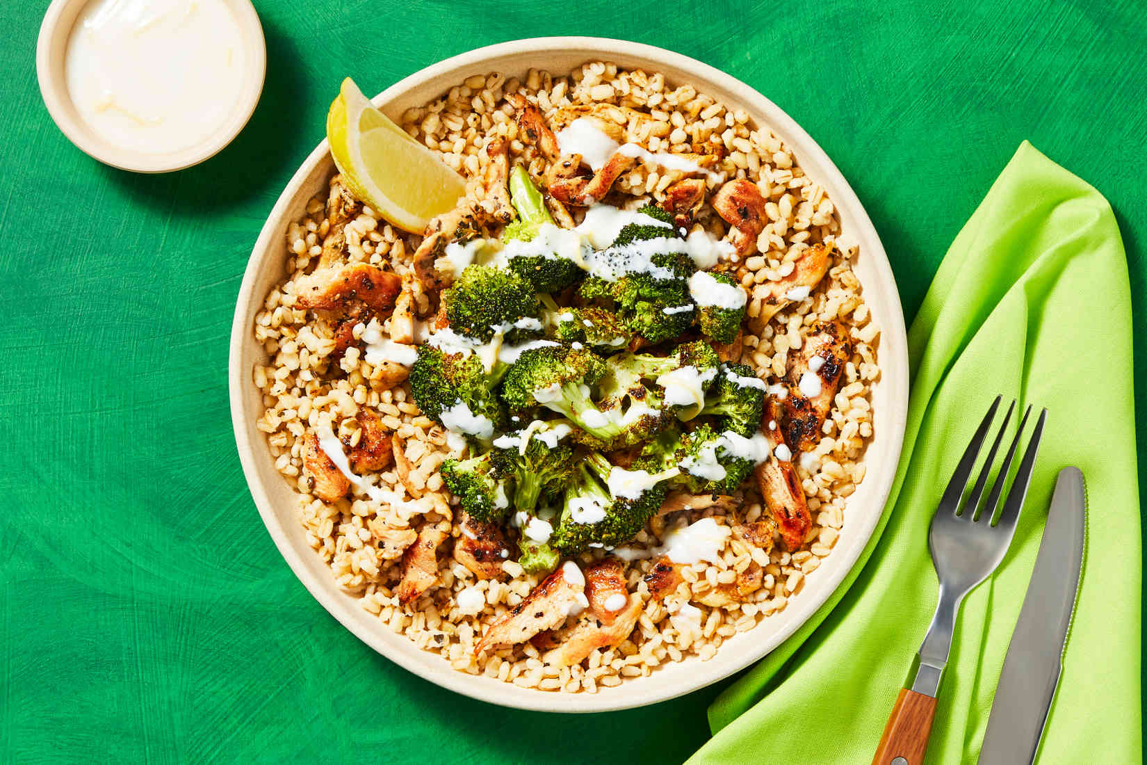 MediterraneanChickenBarleyBowlswithRoastedBroccoliLemonyYogurt