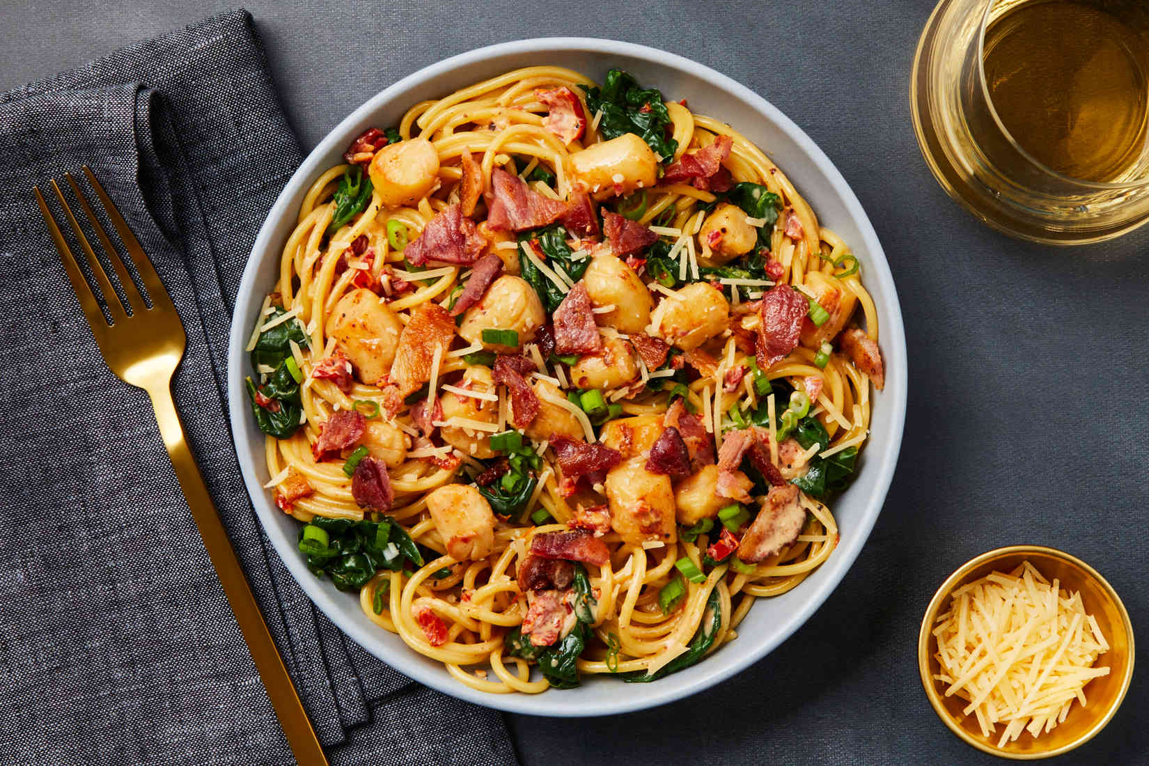 Creamy Bacon Scallop Spaghetti With Sun Dried Tomatoes Spinach Parmesan Feel Electric EMS