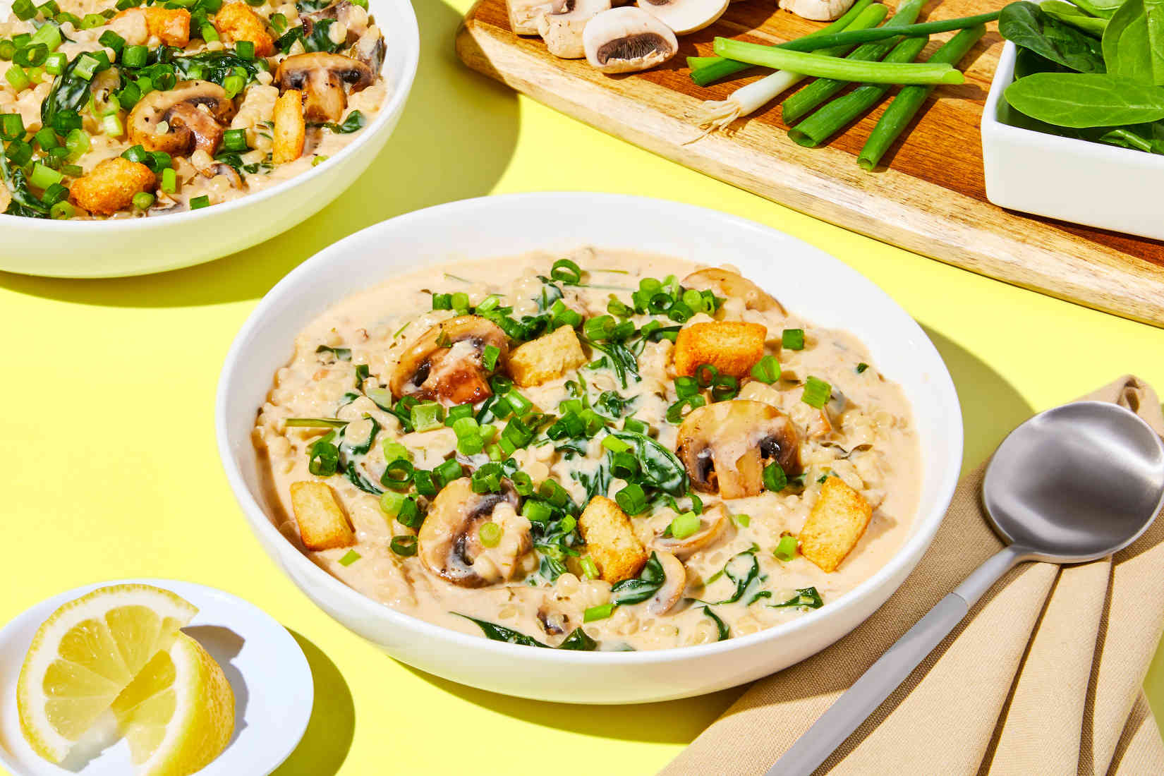 CreamyMushroomChowderwithCouscouswithSpinachCroutonsLemon