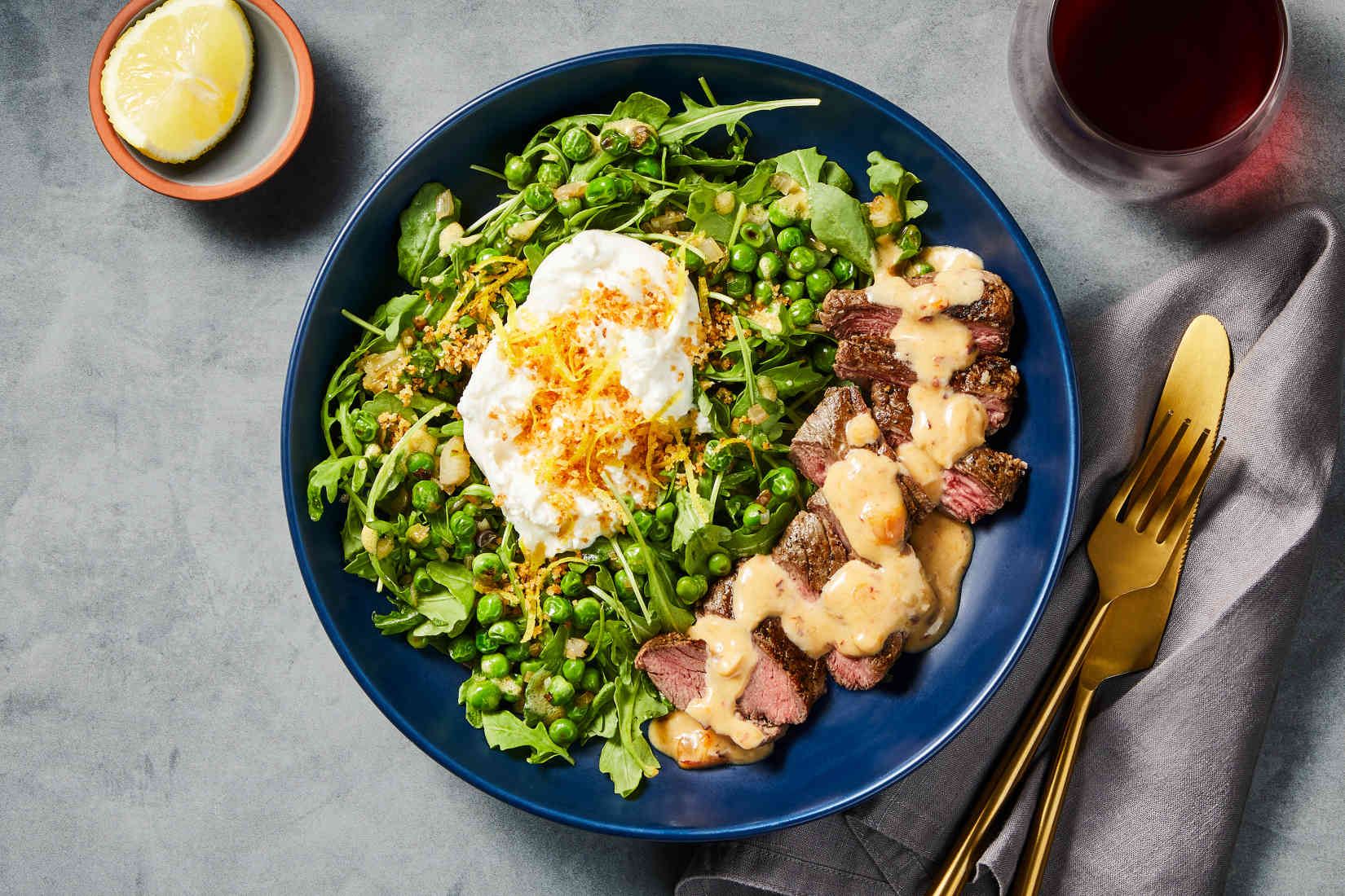 Steak-with-Burrata-Arugula-Salad-with-Charred-Peas-Lemony-Panko-Dijon ...