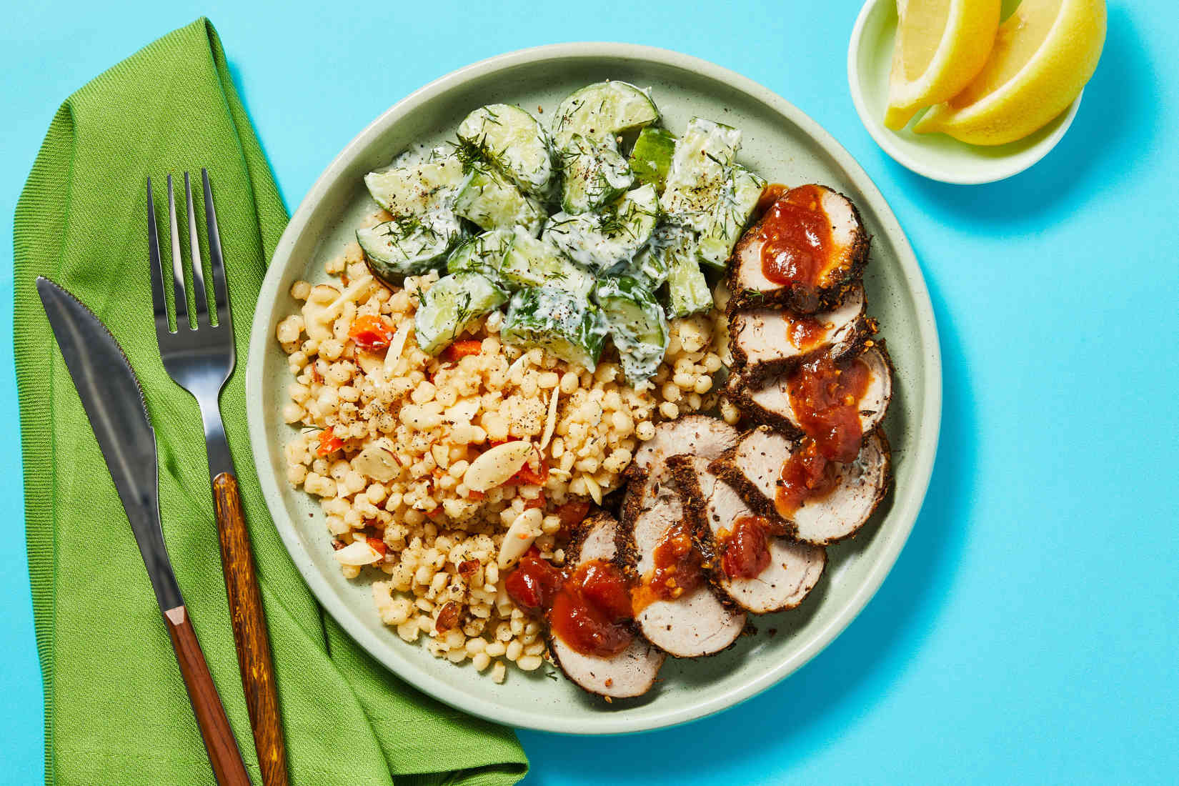 ZaatarRoastedPorkTenderloinwithSaucyTomatoCarrotCouscous