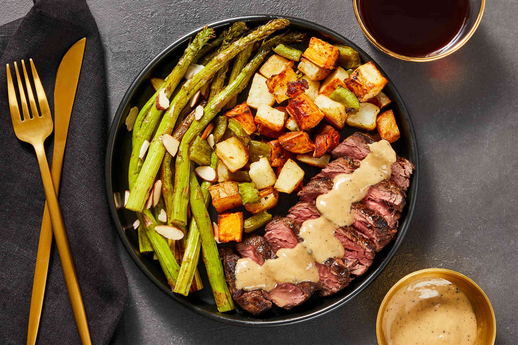 French-Onion-Bavette-Steak-with-Mixed-Potato-Hash-Asparagus-Amandine ...