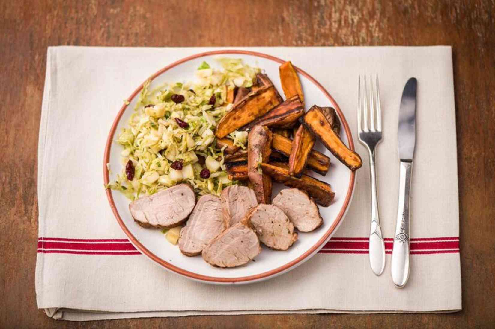 BrownSugarGlazedPorkTenderloinwithSweetPotatoWedgesandBrusselsSproutAppleHash